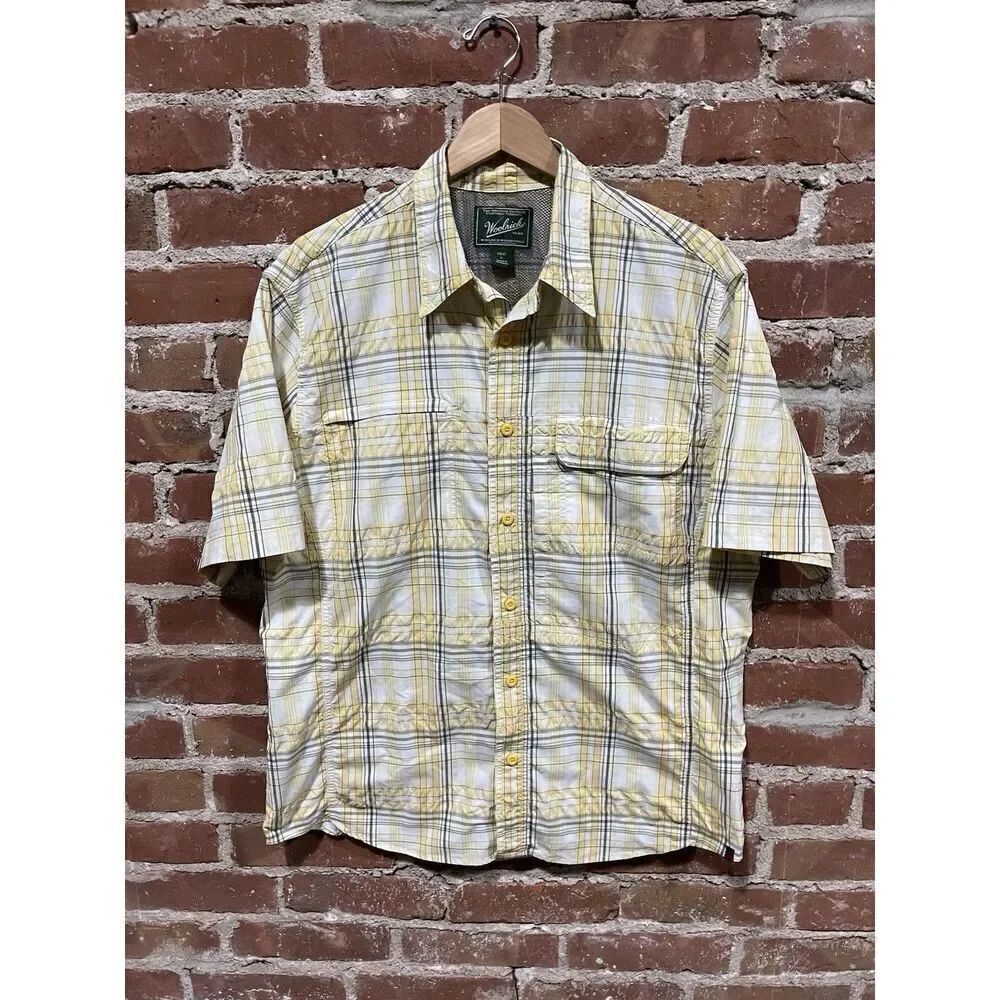Woolrich Shirt Mens Large Button Up Short Sleeve Yellow Gray Plaid Large